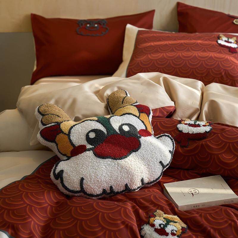 抱枕新年喜庆红色A类100支四件套可爱龙毛巾绣纯棉床单床笠