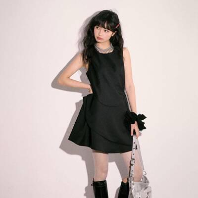 Cream Kitten 黑白鸢尾花 纯色背心裙女miu系休闲无袖连衣裙子夏