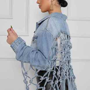 denim 欧美时尚 tassel Fashionable jacket 后背网格流苏牛仔外套