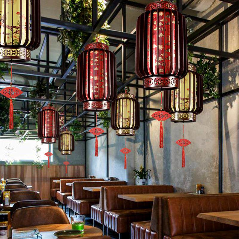 仿古发光旋转实木灯笼中式吊灯饭店茶楼餐厅火锅店走廊过道灯装饰