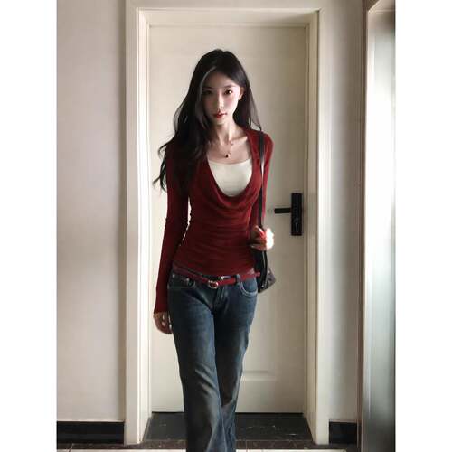 秋冬女打底衫辣妹堆叠式撞色假两件长袖T恤季修身显瘦感上衣1008k