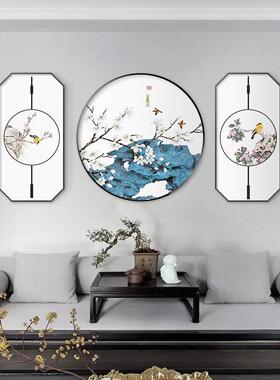 网红新中式厅装壁饰画花鸟圆形沙背景墙挂画中客国大风三联气画墙