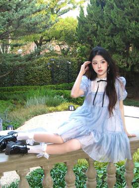 六月苒 泡泡袖灰蓝色短洋装女夏蝴蝶结可爱公主娃娃领蓬蓬裙