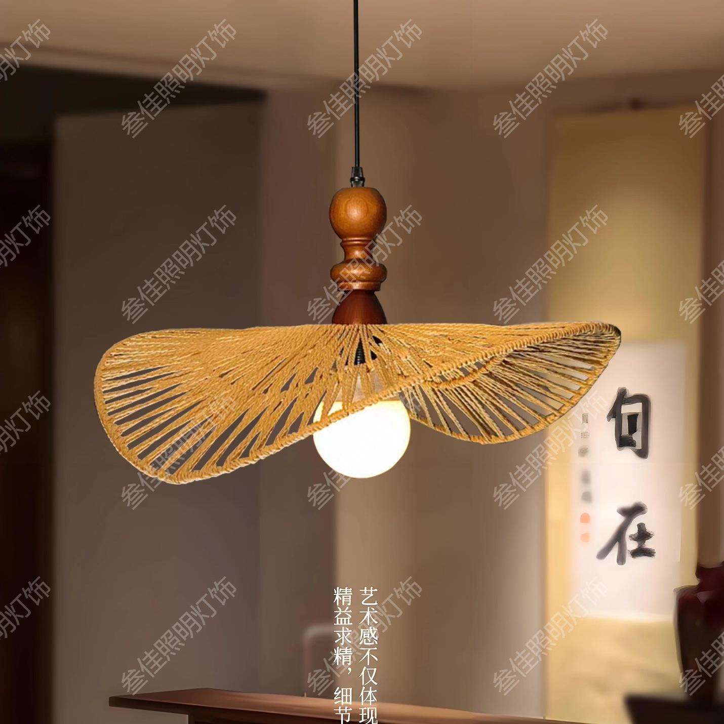 古典风餐厅饭店民宿火锅店餐桌餐饮吊灯具文艺术灯饰竹编布艺灯罩