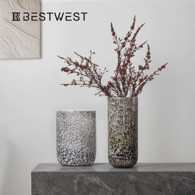 博西家居 大理石鹅卵石直筒柱状水培玻璃花瓶样板间花器软装饰品