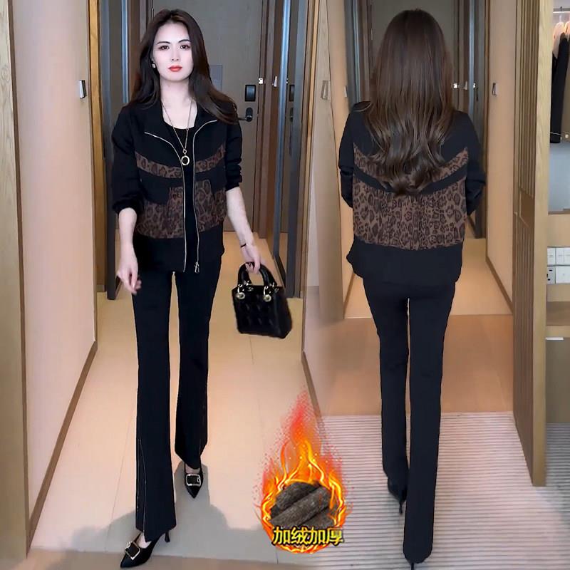 好货时尚加绒加厚短款外套女士秋冬新款拼接豹纹休闲夹克气质显瘦