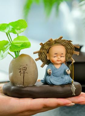 钓鱼小和尚花瓶禅意绿植摆件鱼缸装饰流水摆设鱼池假山微景观造景
