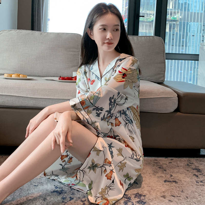 春秋睡裙女士睡衣夏季夏款丝绸冰丝短袖开衫衬衫长款仿真丝连衣裙