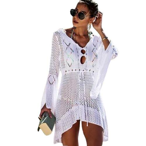 Knitted hollowed out beach cover, bikini swimsuit, sun