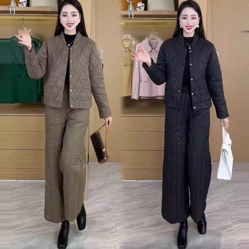 香港代购妈妈装加棉套装女冬季新款洋气质菱格保暖棉衣棉裤两件套