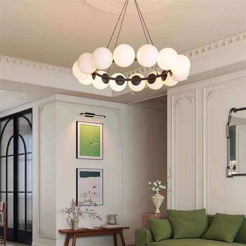 轻奢法式现代简约中古风客厅吊灯魔豆奶油风白色玻璃球餐厅卧室灯