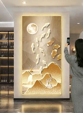 新中式入户玄关实木背板装饰画客厅led带灯挂画走廊过道尽头壁画