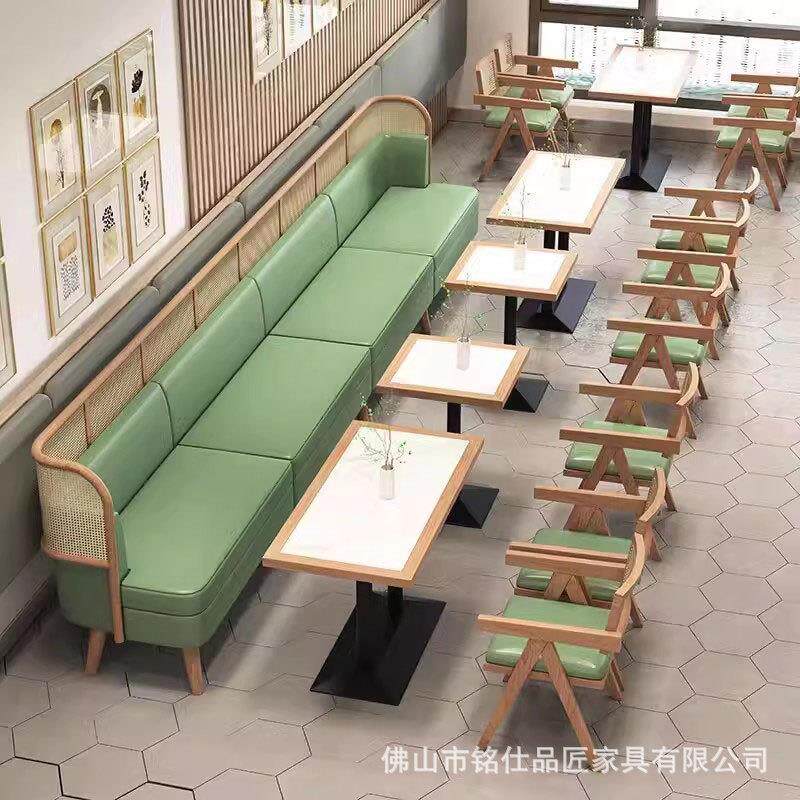 卡座沙发东南亚港式茶餐厅日料店编藤实木桌椅组合编藤实木卡座