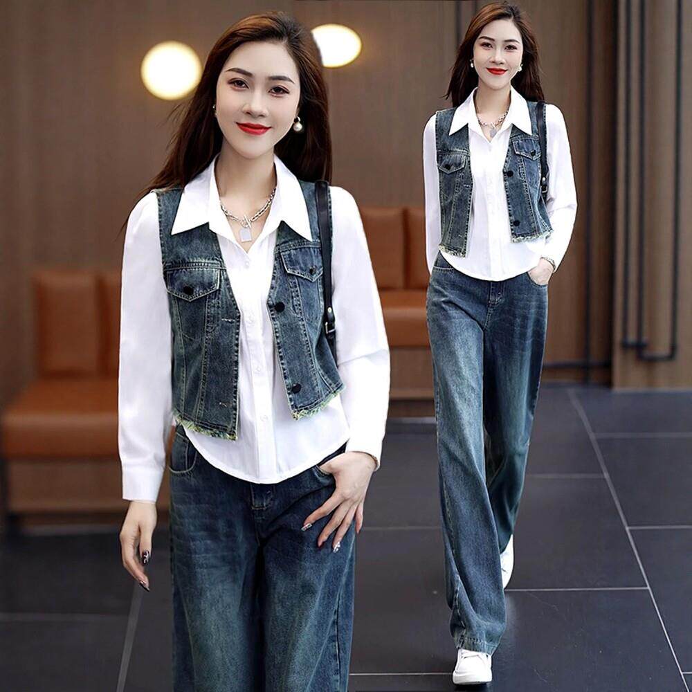 时尚牛仔阔腿裤套装女2026春秋季新款洋气减龄港风显瘦马甲三件套
