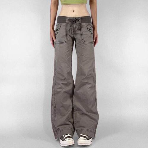 Women Casual Rise Color Adjustable Buckle Flowy Leg Flared