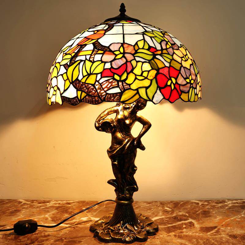 正品美式复古台灯大气客厅餐厅吧台彩色玻璃艺术蜂鸟玫瑰卧室床头