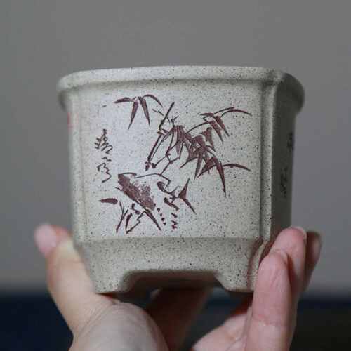 紫砂花盆微型盆景盆手工花盆雪花泥白段泥苏兵名家盆中国风刻绘盆