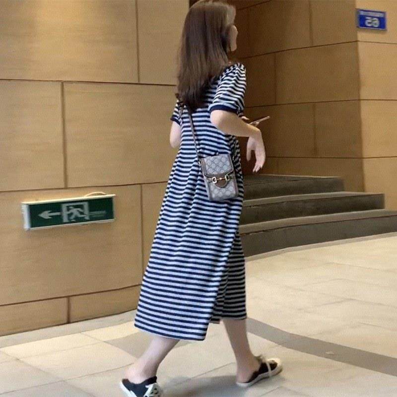 条纹连衣裙女夏季宽松薄款纯棉中长裙蓝灰撞色休闲运动懒人T恤裙