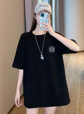 韩国中长版纯棉黑色短袖T恤女2025夏季新款宽松大尺码半袖T恤上衣