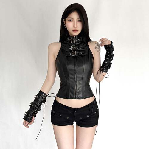 Gothic Punk Leather Vest With Metal Buckle High Neck,,