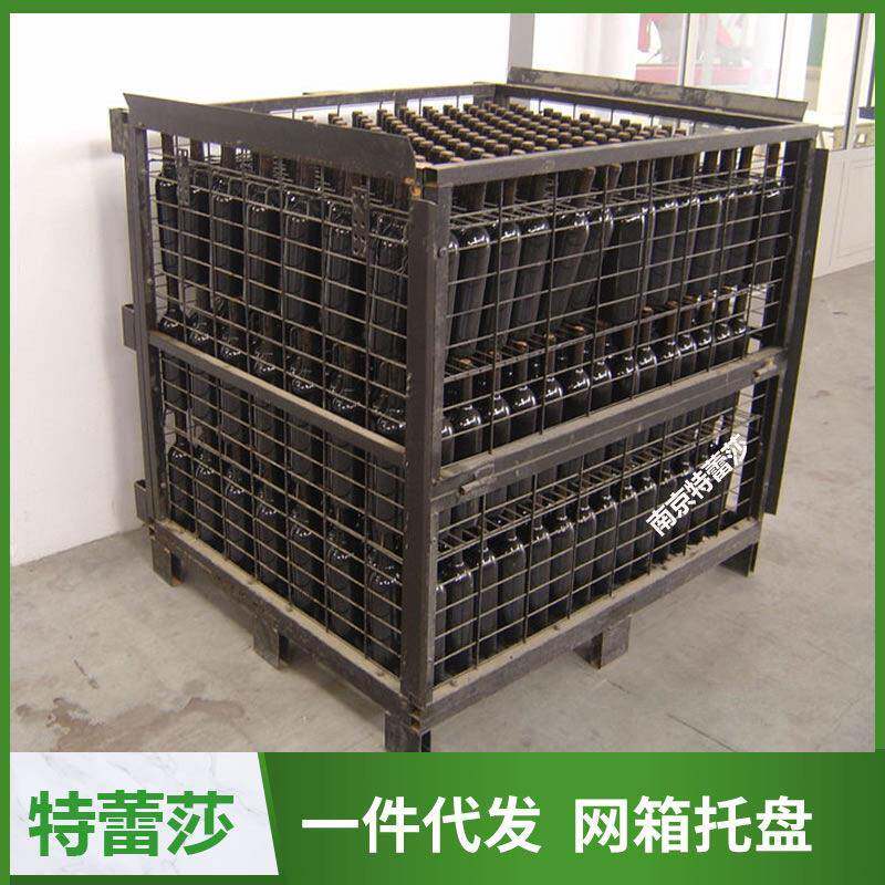 箱式托盘 可堆垛带吊耳配脚轮网格移动折叠式金属料箱  重型铁框