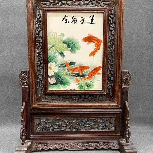 古董瓷板画四扇屏风 花梨木宝石镶嵌国色天香民间特色手工艺品收