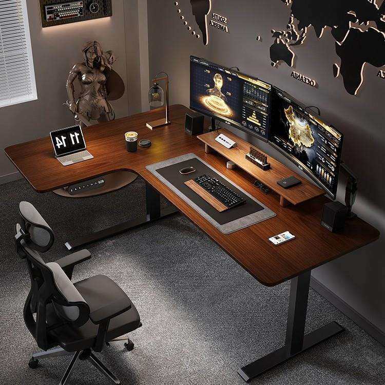 转角电动升降桌实木电脑桌拐角工作台L型办公桌学习桌书桌家用