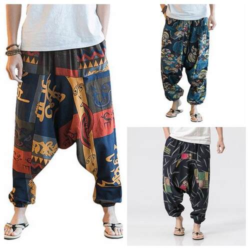 Haren pants men's plus size cotton linen wide leg pants,