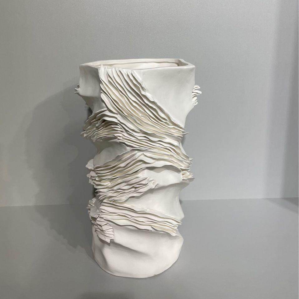 简约现代陶瓷艺术白色砖色千层花器摆件样板间客厅玄关桌面装饰品