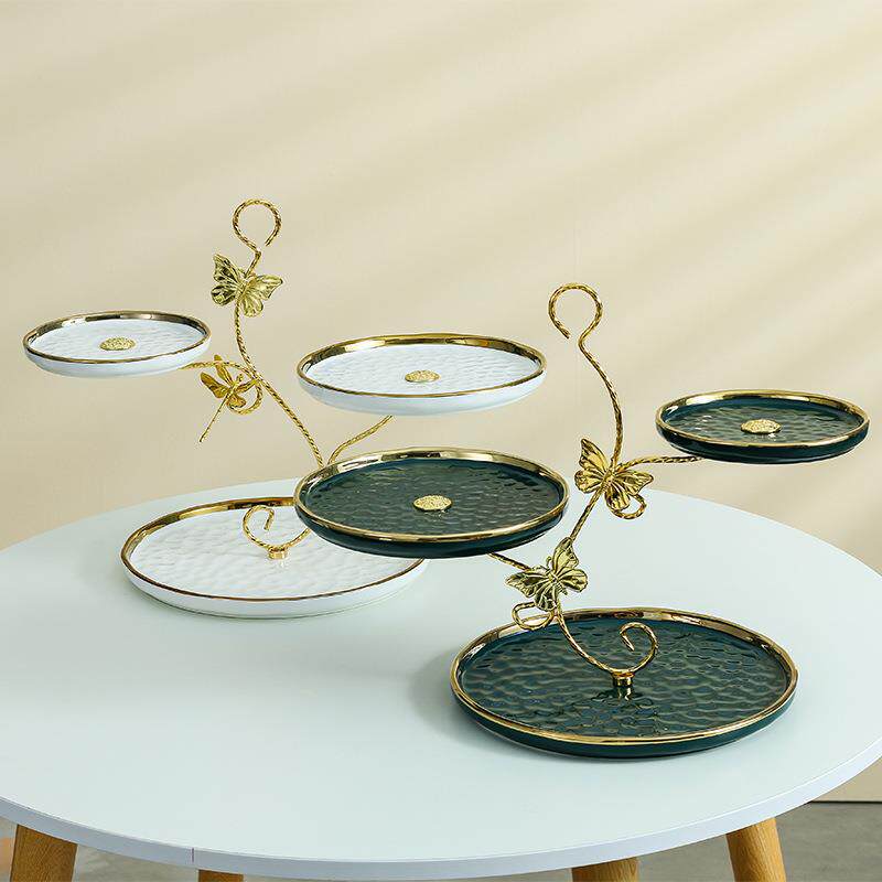 下午茶蝴蝶双层蛋糕点心盘复古绿金边陶瓷甜品水果展示架干果托盘