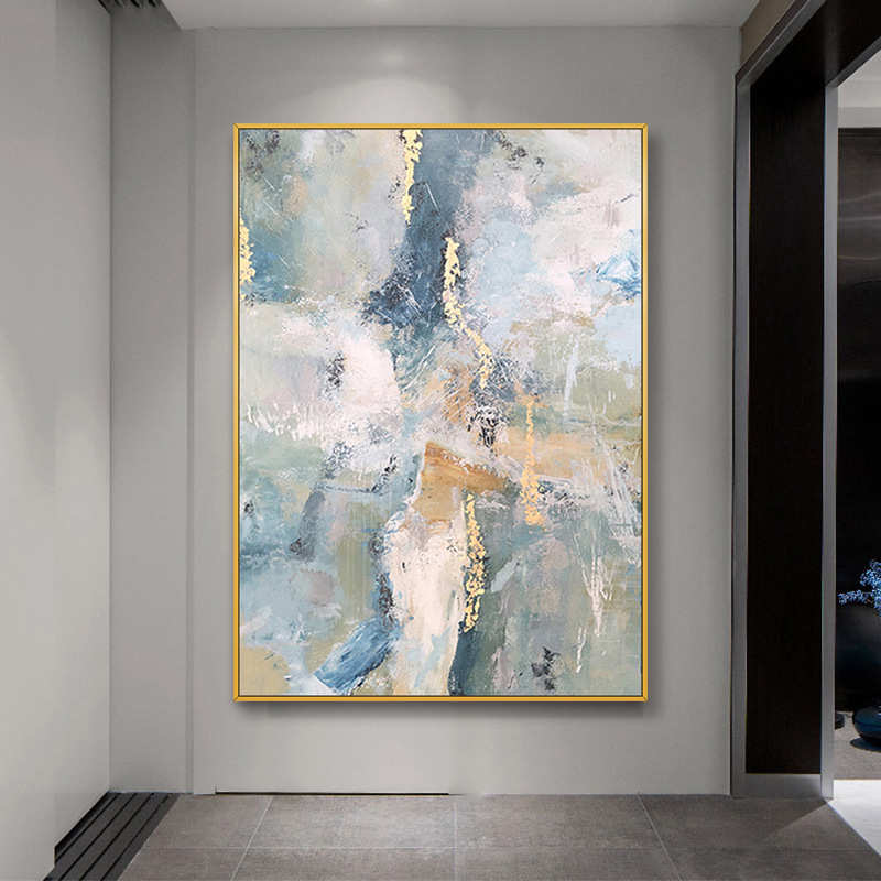 手绘油画抽象金箔蓝色客厅玄关装饰画现代轻奢入户走廊过道挂画