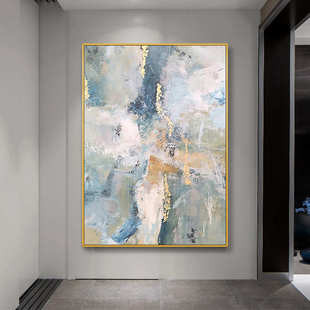 饰画现代轻奢入户走廊过道挂画 手绘油画抽象金箔蓝色客厅玄关装
