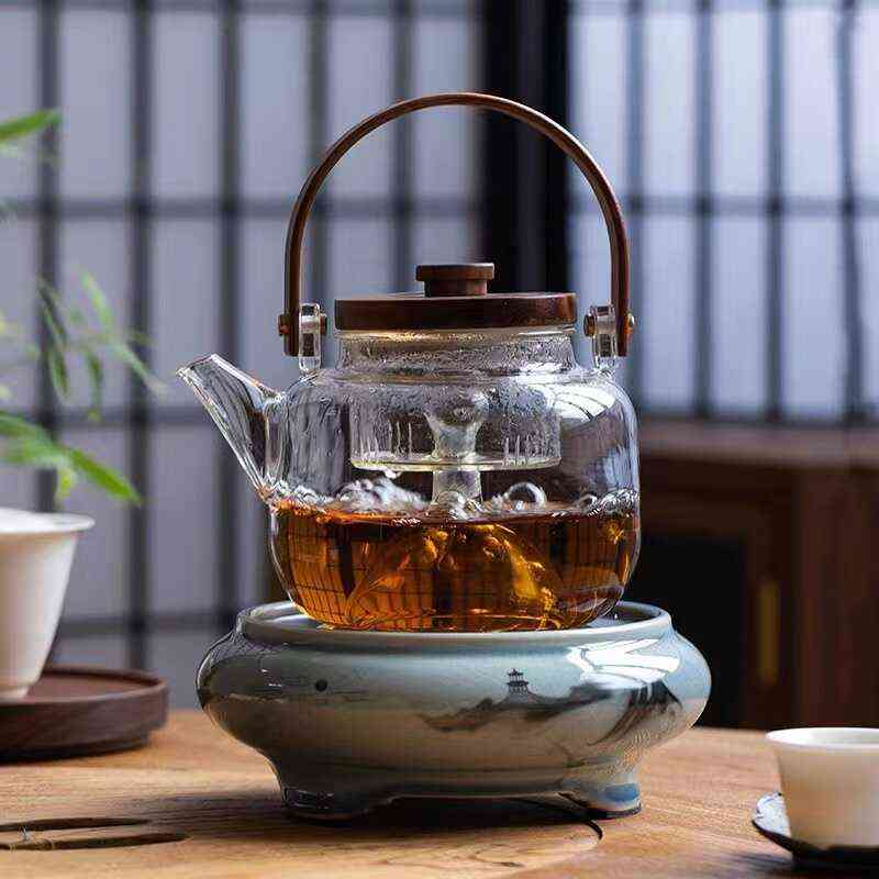 哥窑水墨山水电陶炉煮茶器玻璃蒸煮茶壶烧水壶套装中式迷你煮茶炉