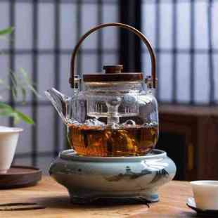中式 哥窑水墨山水电陶炉煮茶器玻璃蒸煮茶壶烧水壶套装 迷你煮茶炉