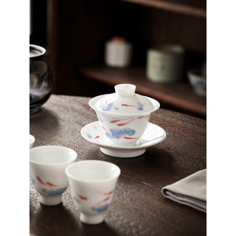 纯茶具戏杯中鱼带三才台功夫茶碗单墨画手绘三炮盖碗茶盖国风白瓷