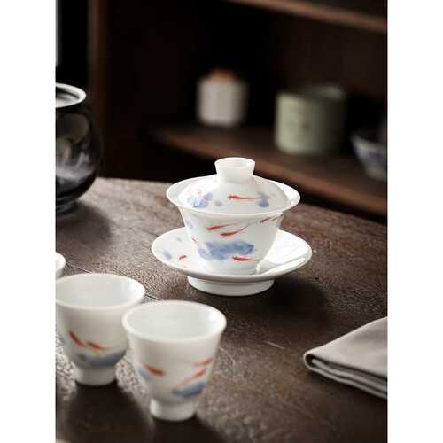 纯茶具戏杯中鱼带三才台功夫茶碗单墨画手绘三炮盖碗茶盖国风白瓷