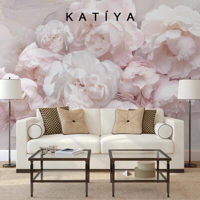 Katiya美式手绘牡丹花卉艺术客厅电视背景墙壁纸美容甲店壁画墙布