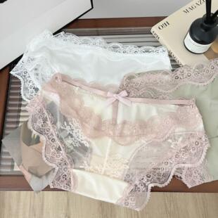 窥见心动~性感缎面蕾丝内裤女低腰纯欲镂空透气纯棉档女士三角裤