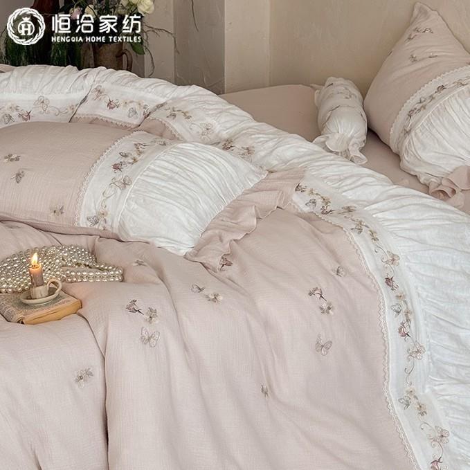 少女心全棉双层纱超柔四件套法式蝴蝶刺绣纯棉透气被套床品粉白色