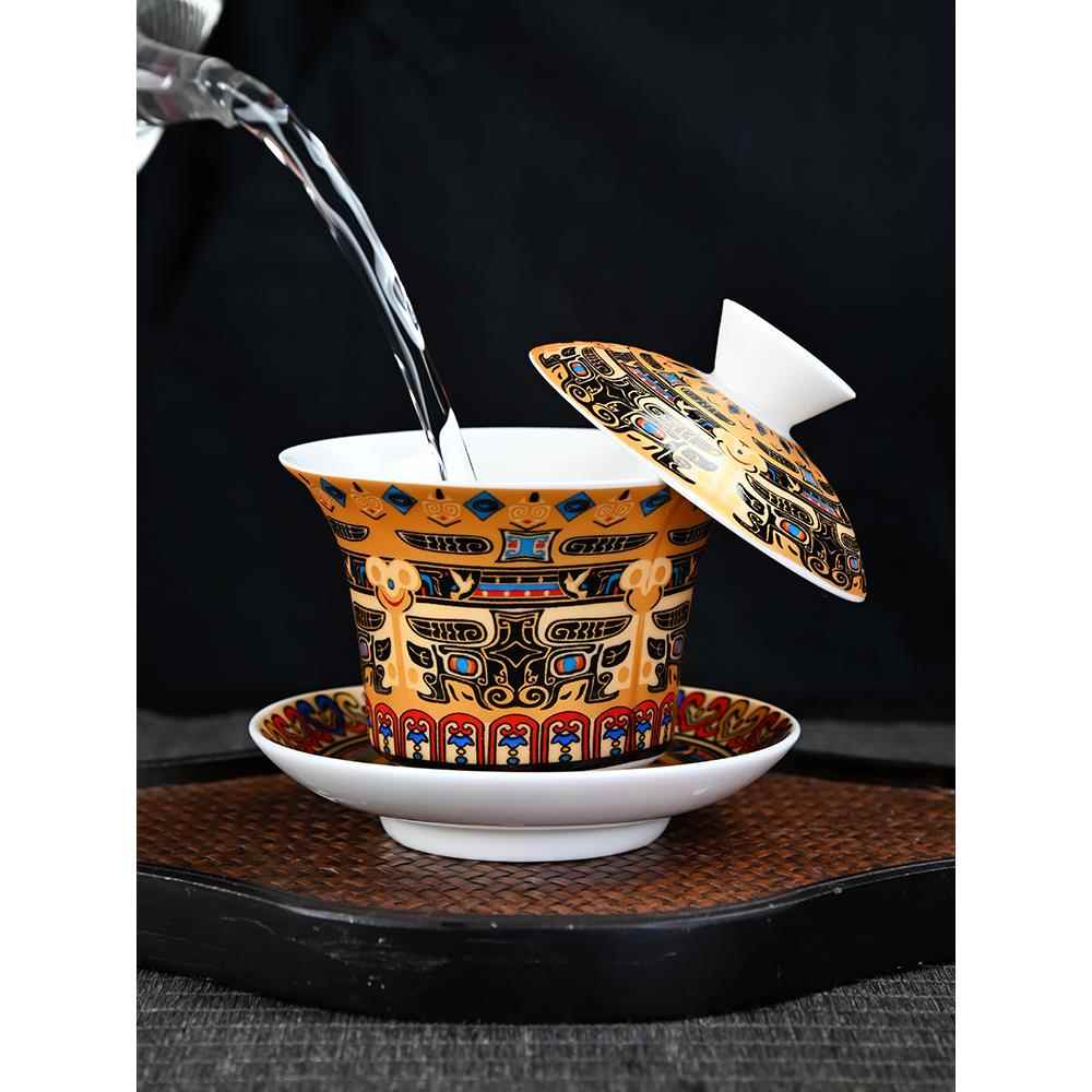 搪瓷唐卡三彩碗茶杯盖悬停可旋转单档高档茶碗陶瓷功夫茶具
