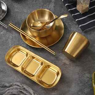 金色朝鲜延边韩式 烤肉商用304不锈钢碗筷蘸料碟摆台餐具户外套装