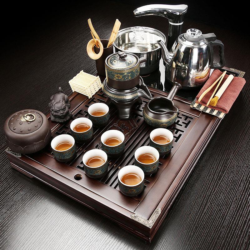 实木功夫茶具套装 德化陶瓷自动排水中式茶盘