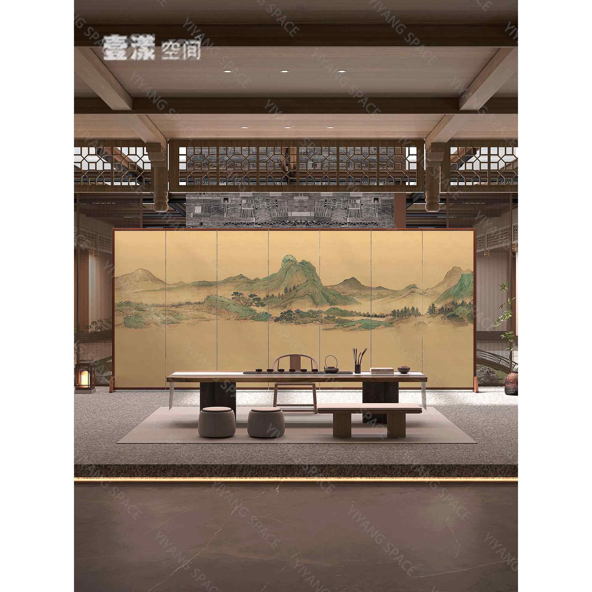 新中式现代简约古典景观屏风折叠移动办公室实木隔断屏风客厅入口