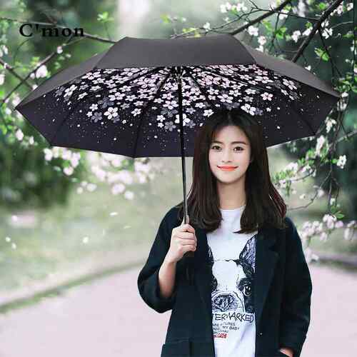 高档Cmon阳樱花轻小五折遮伞防晒紫外线线黑胶折叠 两用晴雨伞女