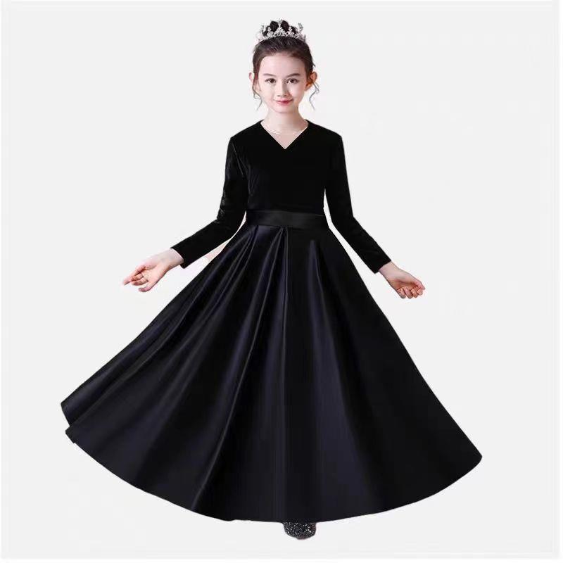 高档顺丰儿童奏主持服表演黑色女童礼发服钢琴演出服小提琴乐团演