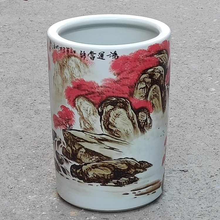 卷轴花插缸落地陶瓷手绘书画筒花瓶筒伞五彩山水字画摆件桶缸收纳