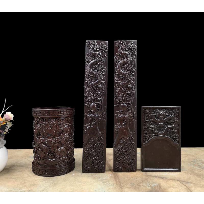黑檀雕龙文房四宝四件套 实木书房书法用品