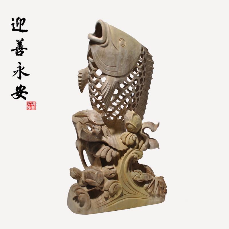 手工木雕年年有鱼生肖木雕雕刻荷花鱼中式摆件厂家直销 木雕摆件