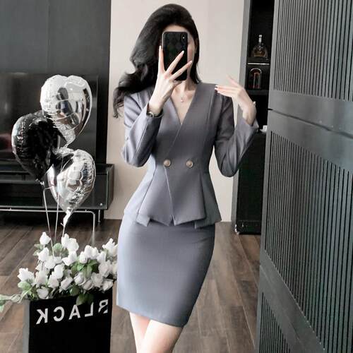 灰色西装套装裙女2026新款秋冬高级感气质工作服酒店前台接待制服