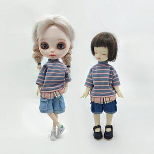 小布blythe娃衣 6分BJD娃条纹短袖 ob24拼接上衣可儿关节玩偶衣服
